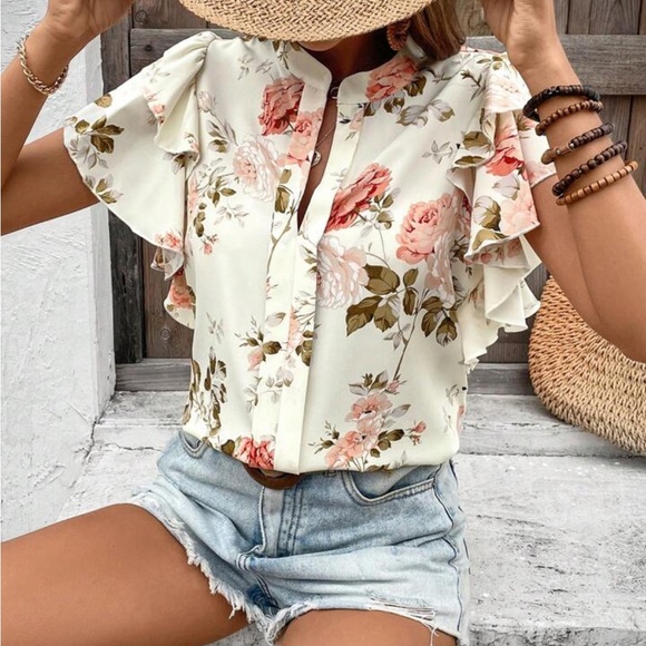 Elegant Classic Ruffle Butterfly Flutter Sleeve Top Blouse Shirt Yellow - Picture 7 of 16